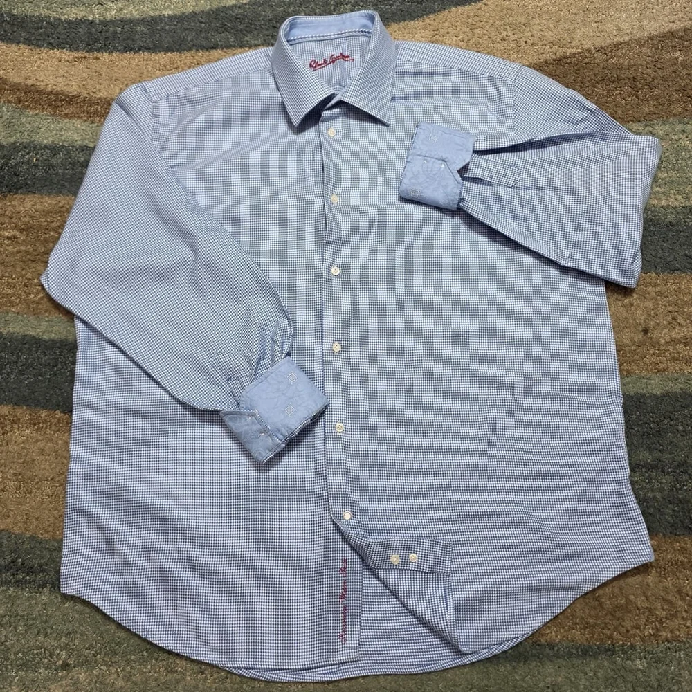 Robert Graham 17.5 44 XL Blue Geometric Button Down Shirt 100% Cotton Flip Cuff